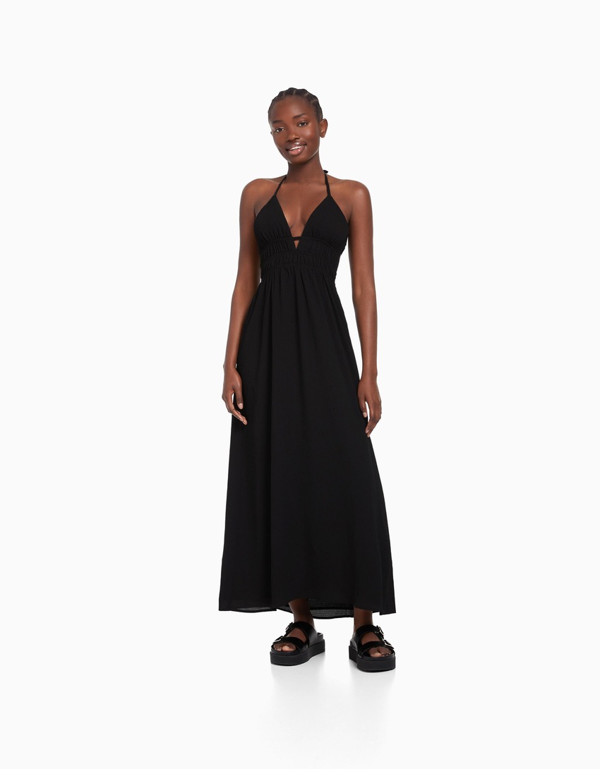 Vestido longo de crepe franzido