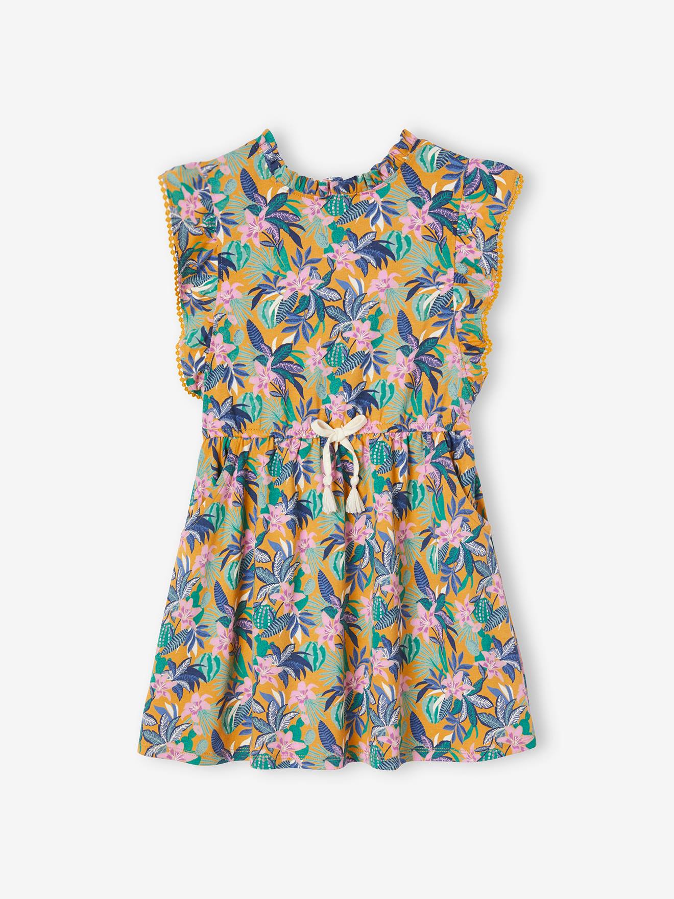 Vestido cor mostarda com babados e motivos exóticos para meninas