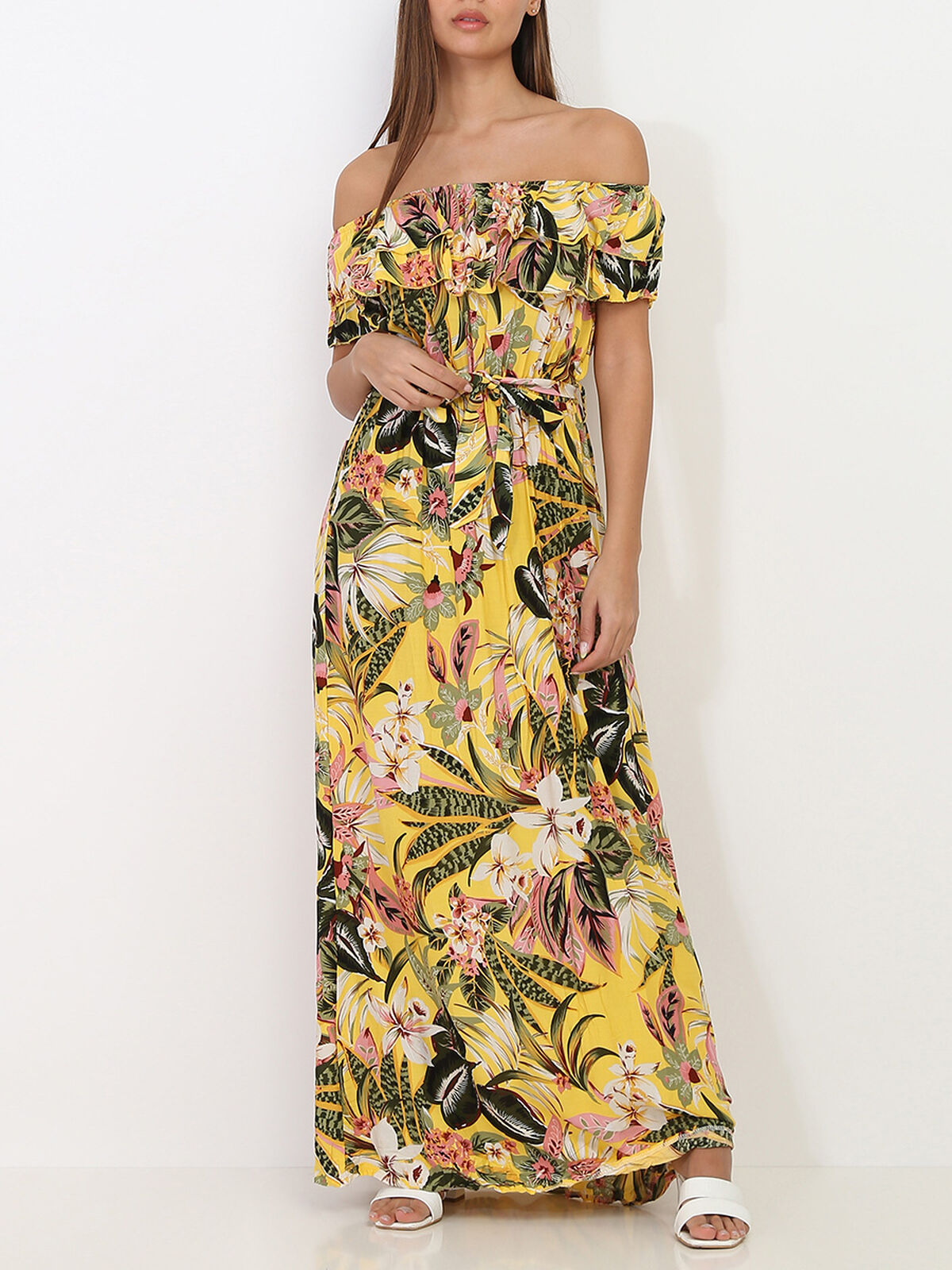 Robe col bardot à motif fleurs tropicales- Jaune