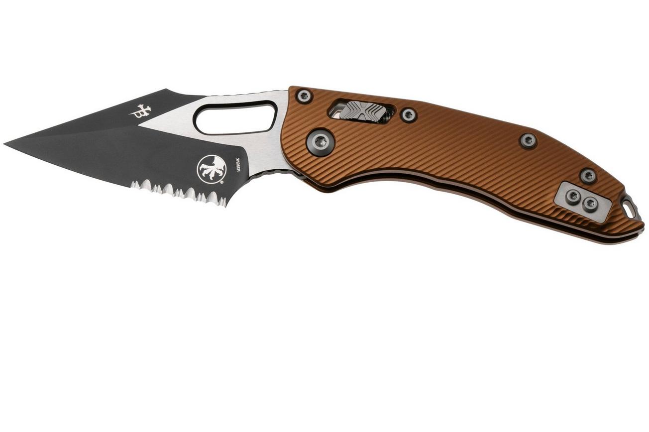 Microtech Stitch 169RL-2FLTA, Black Two Tone M390MK, Fluted Tan Aluminum, partial serrated zakmes, Borka Blades design