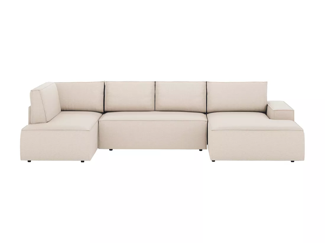 Grand canapé d'angle droit panoramique convertible en tissu texturé beige AMELIA