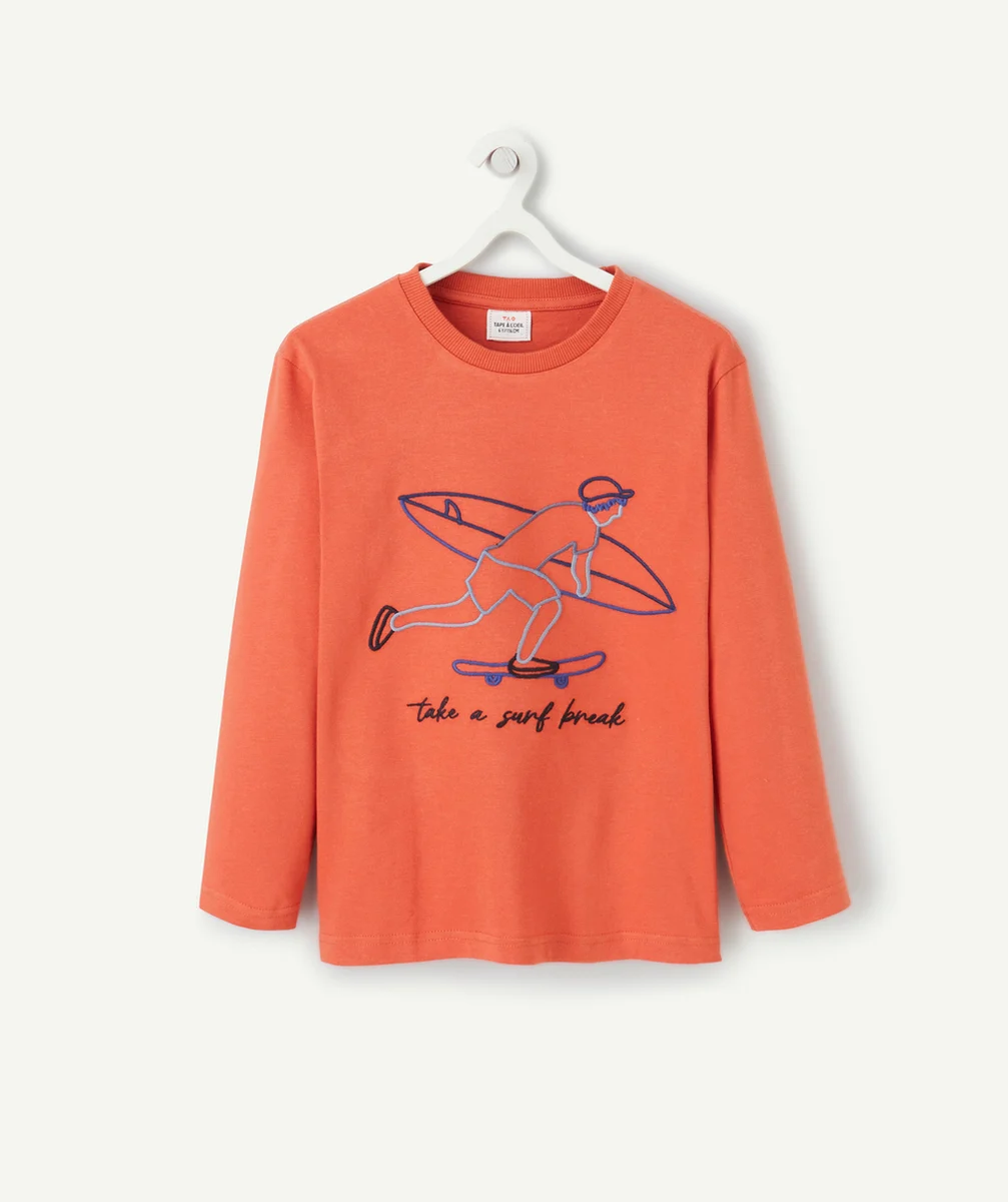 T-SHIRT GARÇON EN COTON BIO ORANGE AVEC BRODERIES THÈME SURF