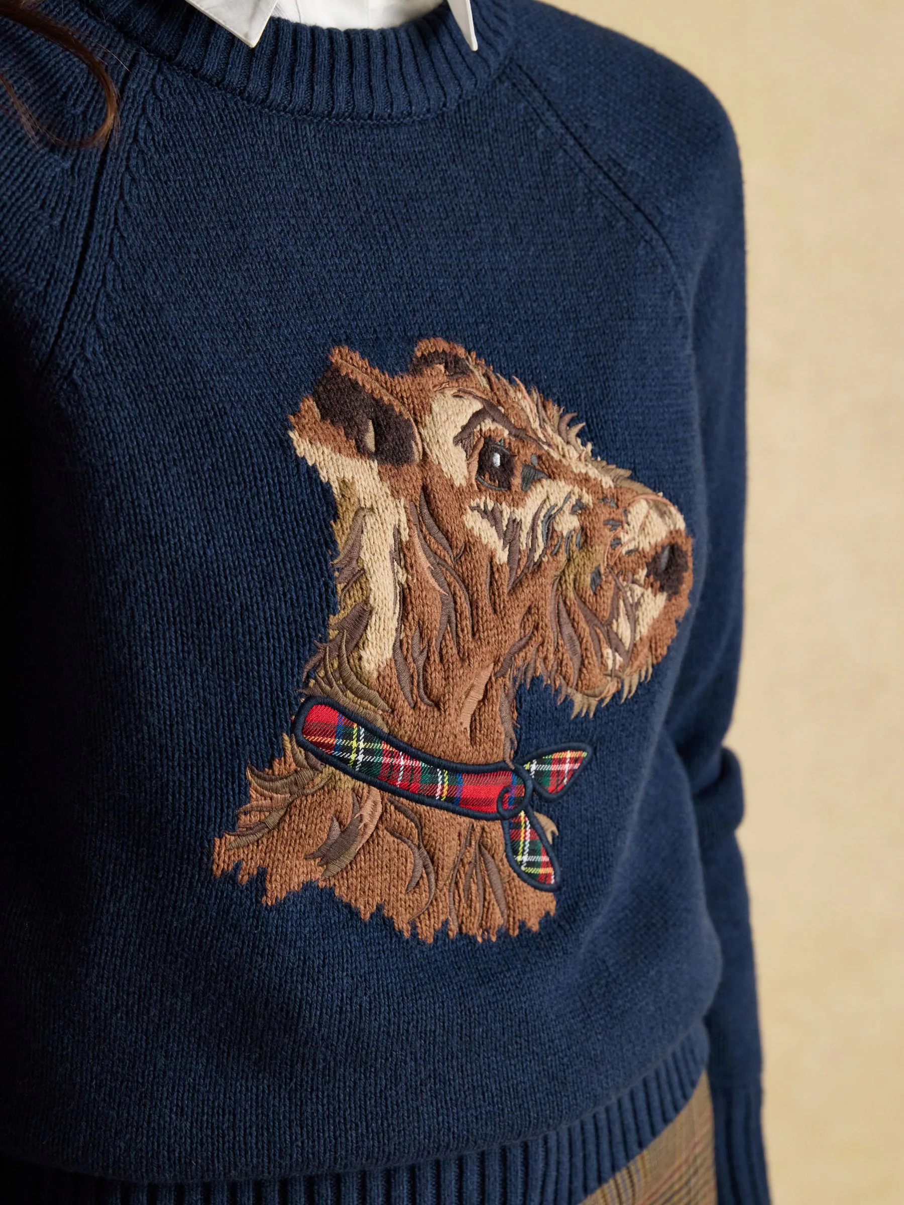 Navy Monty Dog - Joules Intarsia Cotton-Rich Crew Neck Jumper