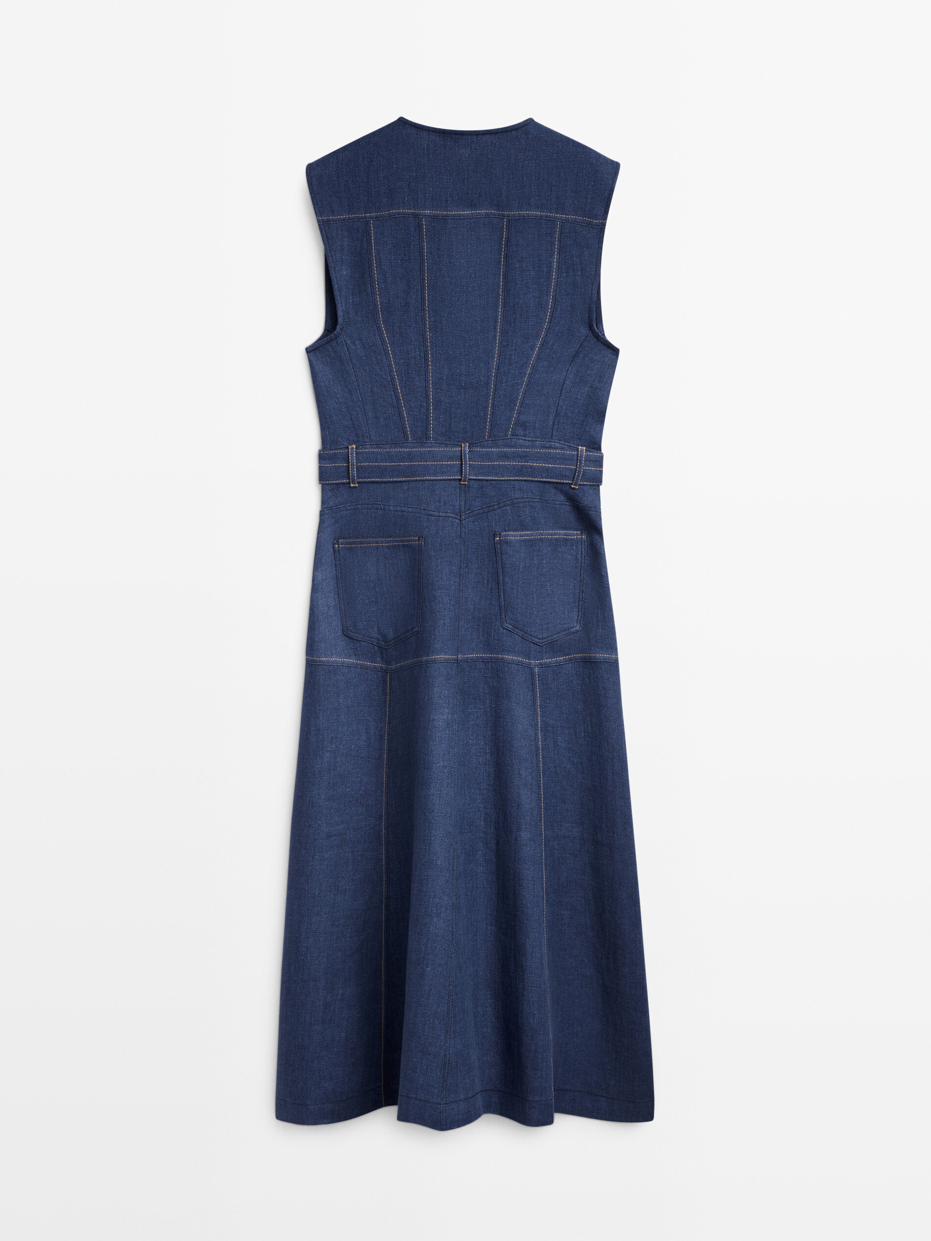 Vestido de linho sem mangas com pesponto - AZUL MÉDIO
