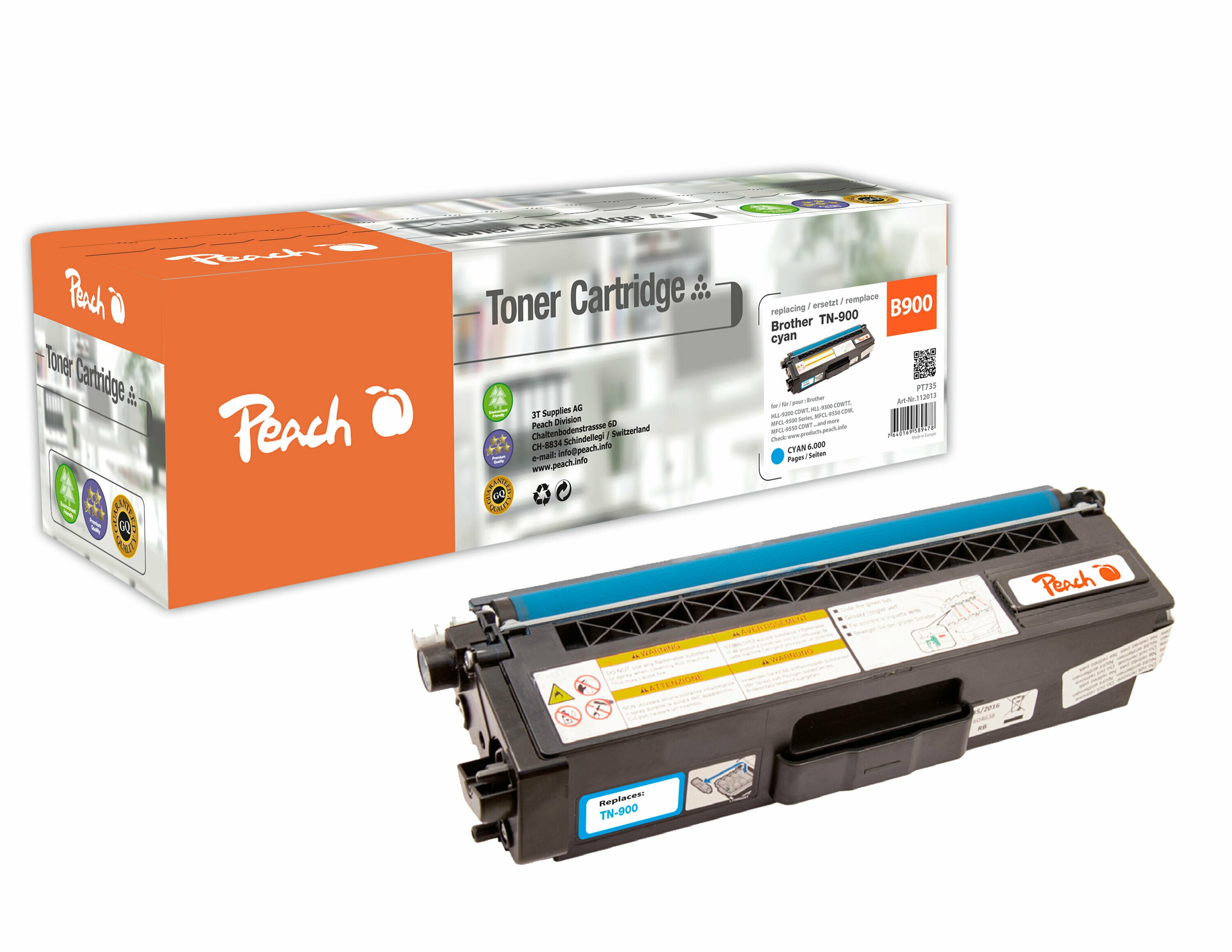 Peach B900 C Toner cy ersetzt Brother TN-900C für z.B. Brother HLL 9200 CDWT, Brother HLL 9300 CDWTT, Brother MFCL 9550 CDW (wiederaufbereitet)
