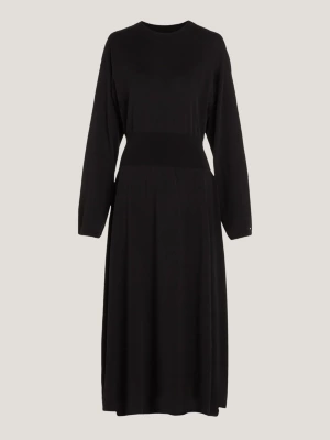 Vestido midi folgado com cintura marcada em jérsei