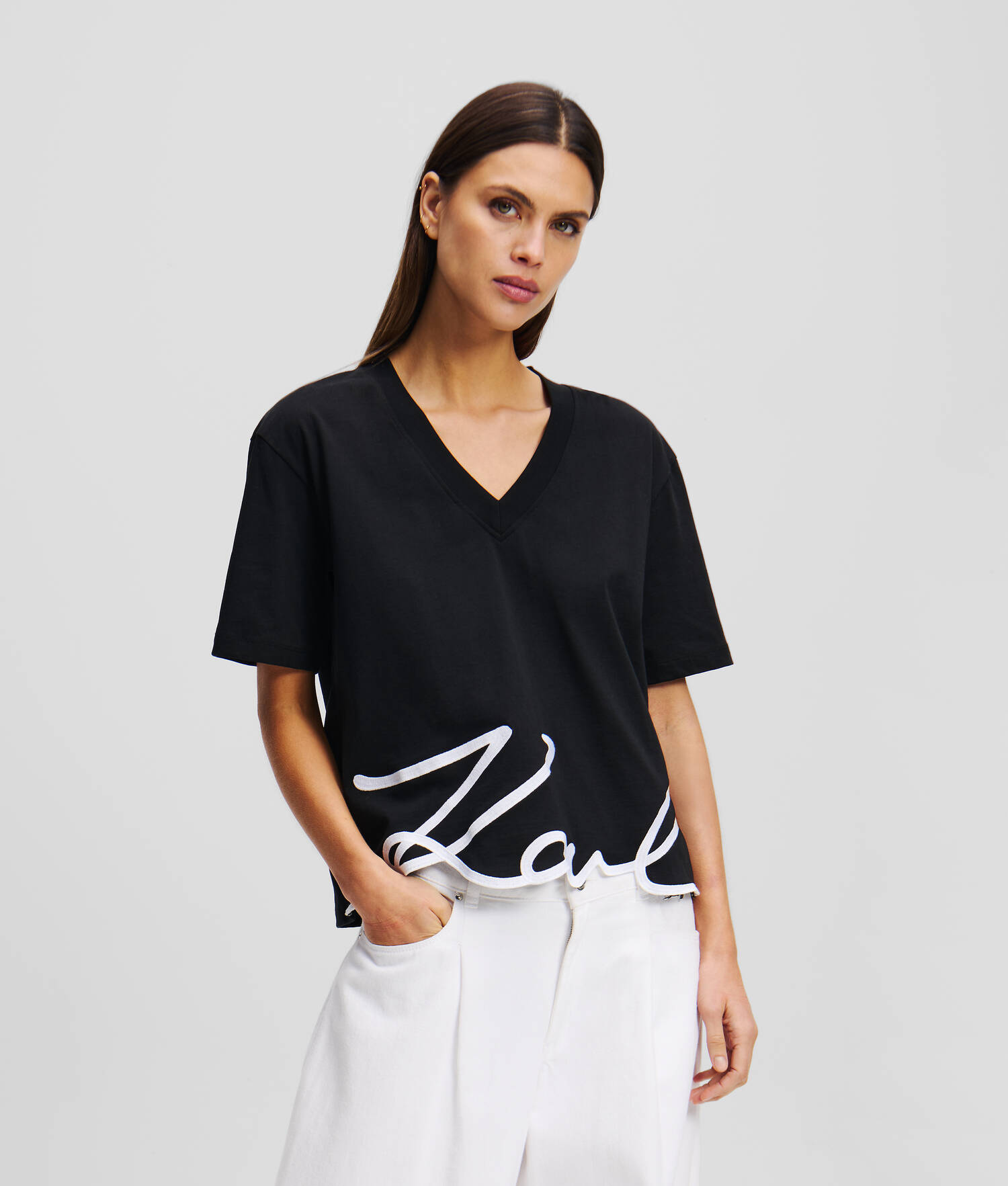 T-SHIRT COL EN V KARL SIGNATURE - Noir