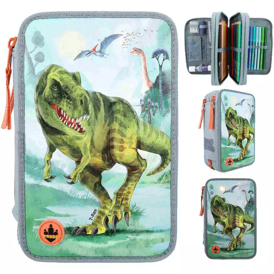 Depesche 3-Fach Federtasche LED T-Rex Dino World 20 x 13 cm rauchblau