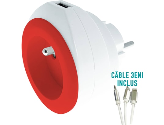 WATT&CO - Chargeur secteur USB intégré - rouge - Câble 3 en 1 fourni
