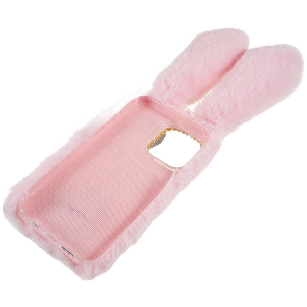 iPhone 14 Pro Max 3D Gummi Plüsch Case Hülle Bunny mit Flauschigen Hasenohren - Rosa