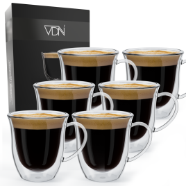 Dubbelwandige theeglazen koffieglazen met oor - Cappuccino glazen - Warme en koude dranken koffietassen dubbelwandig - 250 ML - Set van 6 - VDN