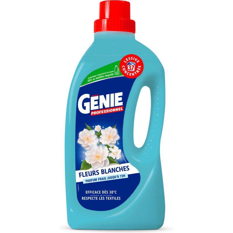 Lessive liquide concentrée Génie Professionnel Fleurs blanches - 37 lavages - Bidon de 1,48 L