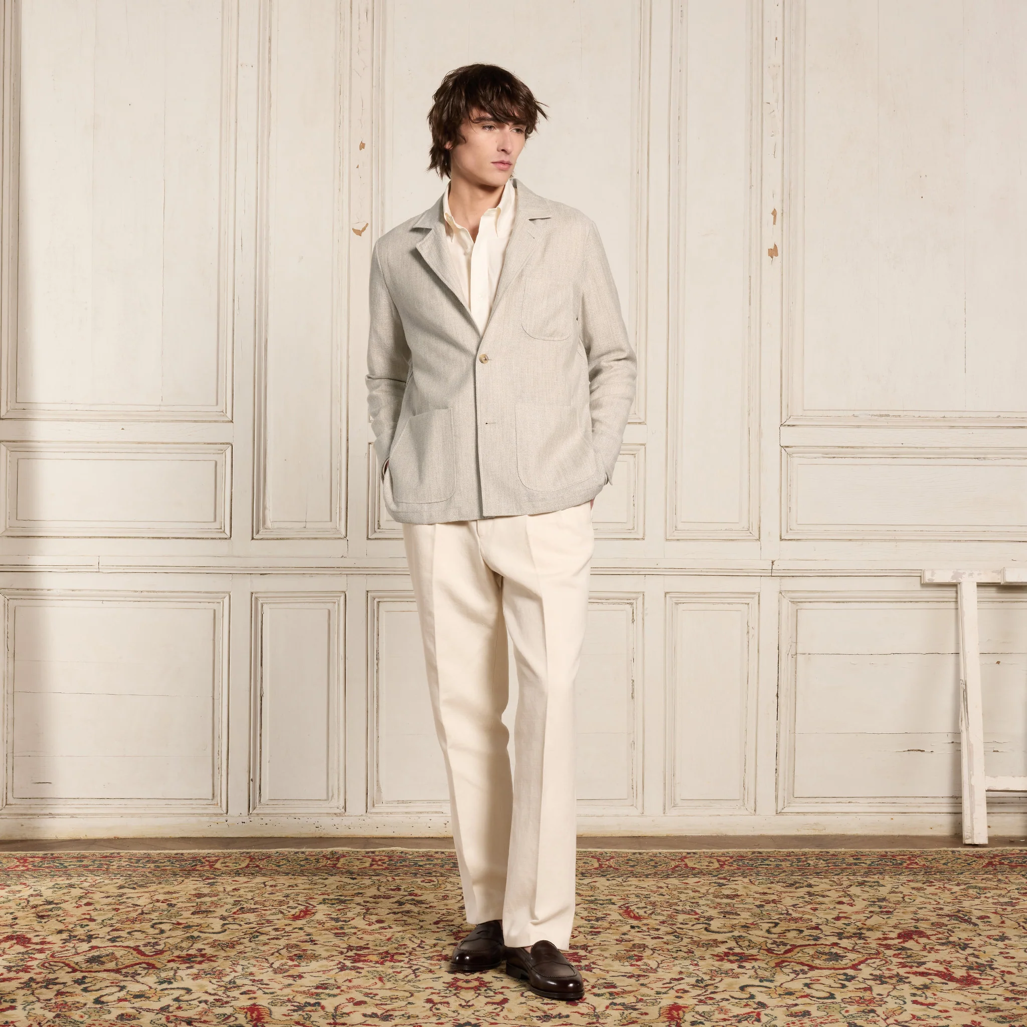 Unstructured suit jacket in mottled beige wool and linen