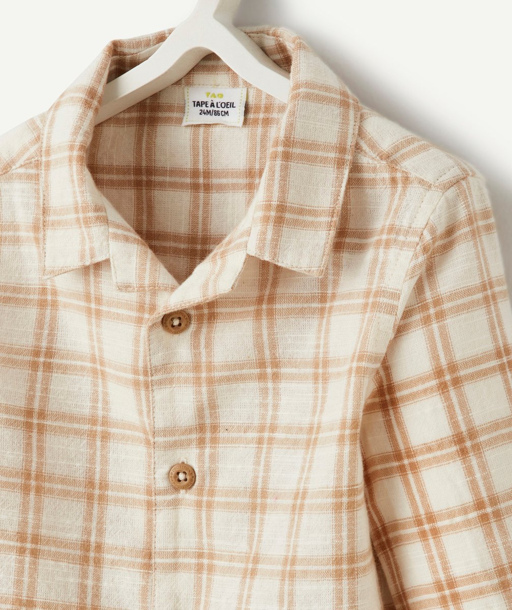 chemise bébé garçon en coton écru imprimé à carreaux beiges