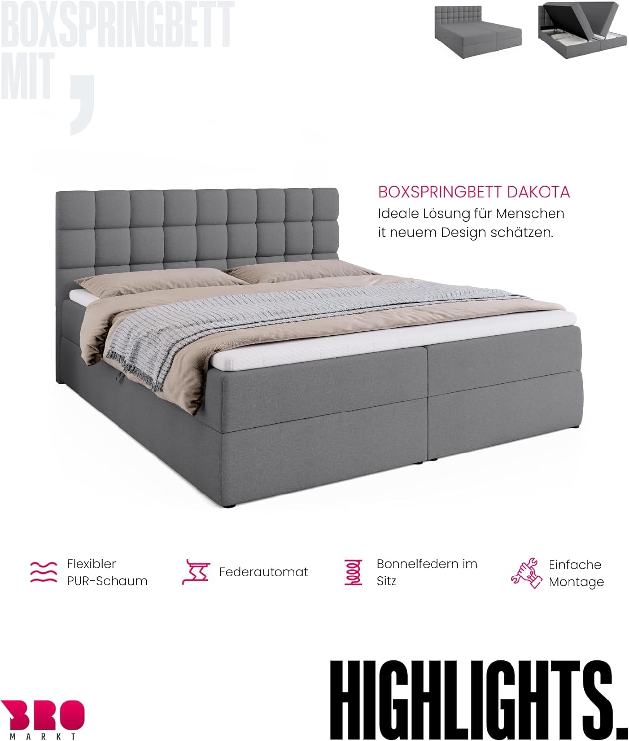 BROMARKT Boxspringbett mit Bettkasten Polsterbett mit Bonell-Matratze und Topper Bett für Schlafzimmer gepolstertes Kopfteil Dakota bonellfedern 180x200 Härtegrad H3 Grau Malmo