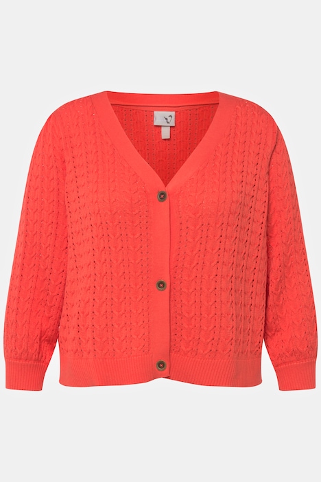 Strickjacke, Zopf-/Ajourmuster, V-Ausschnitt, 3/4-Arm