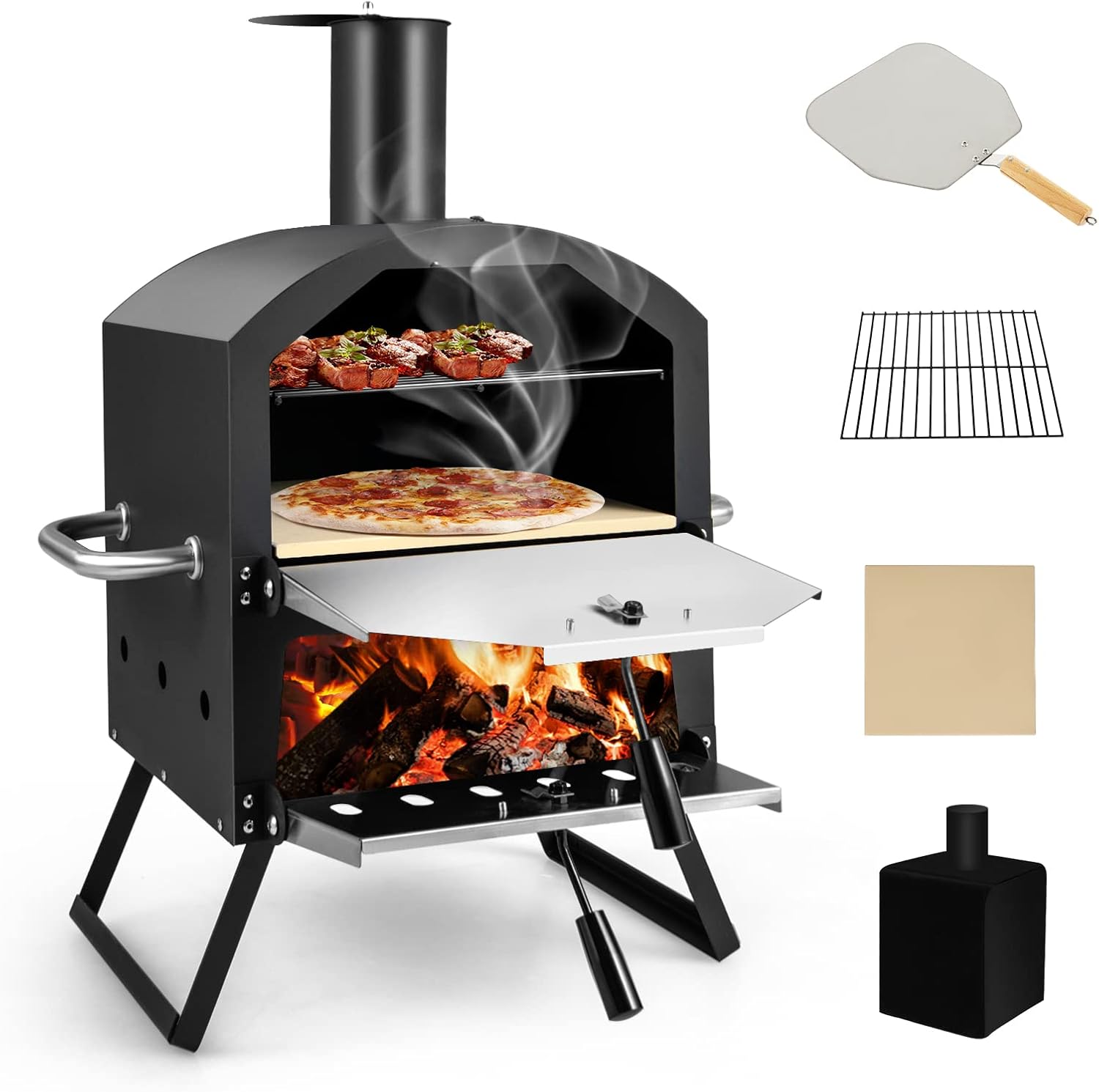 COSTWAY Outdoor Pizzaofen, 2-lagigem Pizza Ofen mit Grillrost, Pizzastein, Pizzaschaufel, wasserdichter Abdeckung, hitzebeständigen Griffen & klappbaren Beinen, für Picknick, Camping, Party