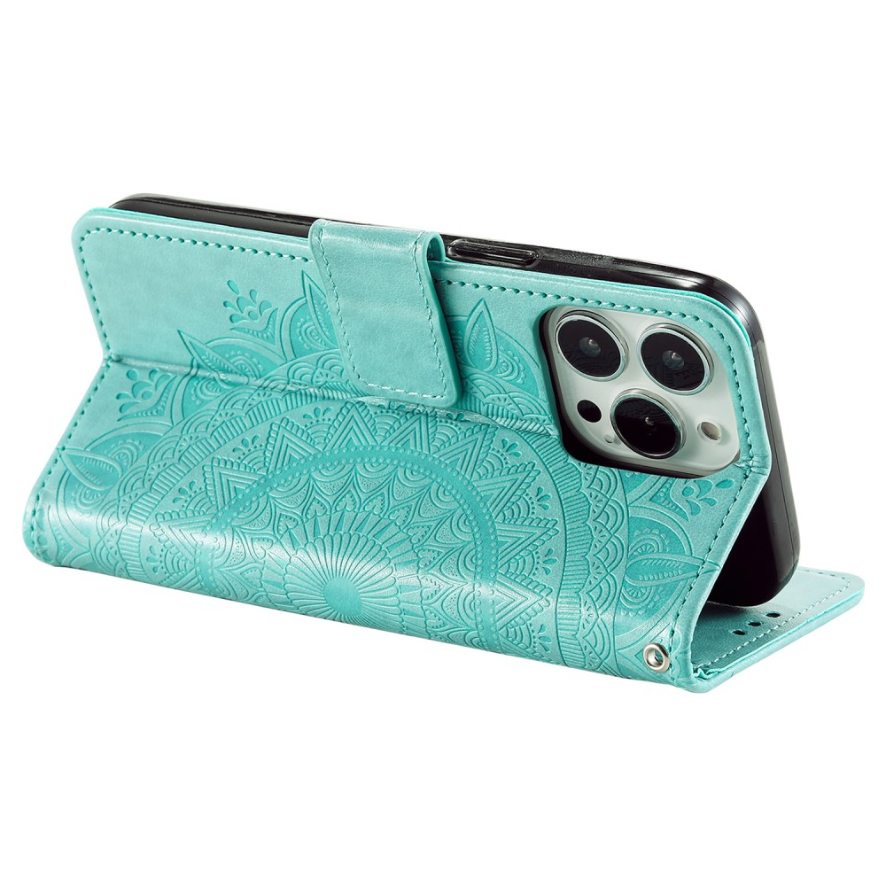 iPhone 15 Pro Max Leder Tasche Wallet - Mandala Flowers Imprint - Türkis