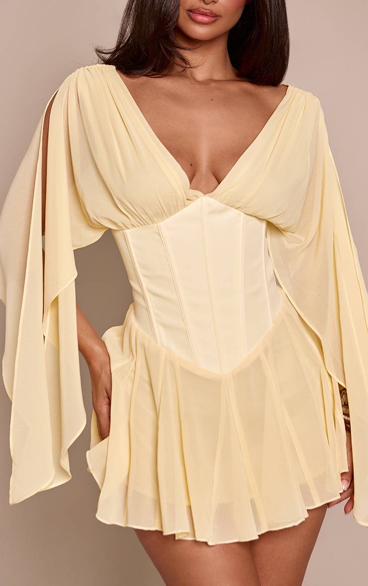 Citron Robe Mini À Taille Corset Et Manches Drapées En Mousseline Avec Godets Petite