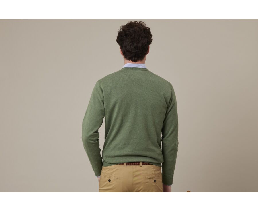 Pull fin homme col V coton bio/cachemire Sauge Chiné - VALTON