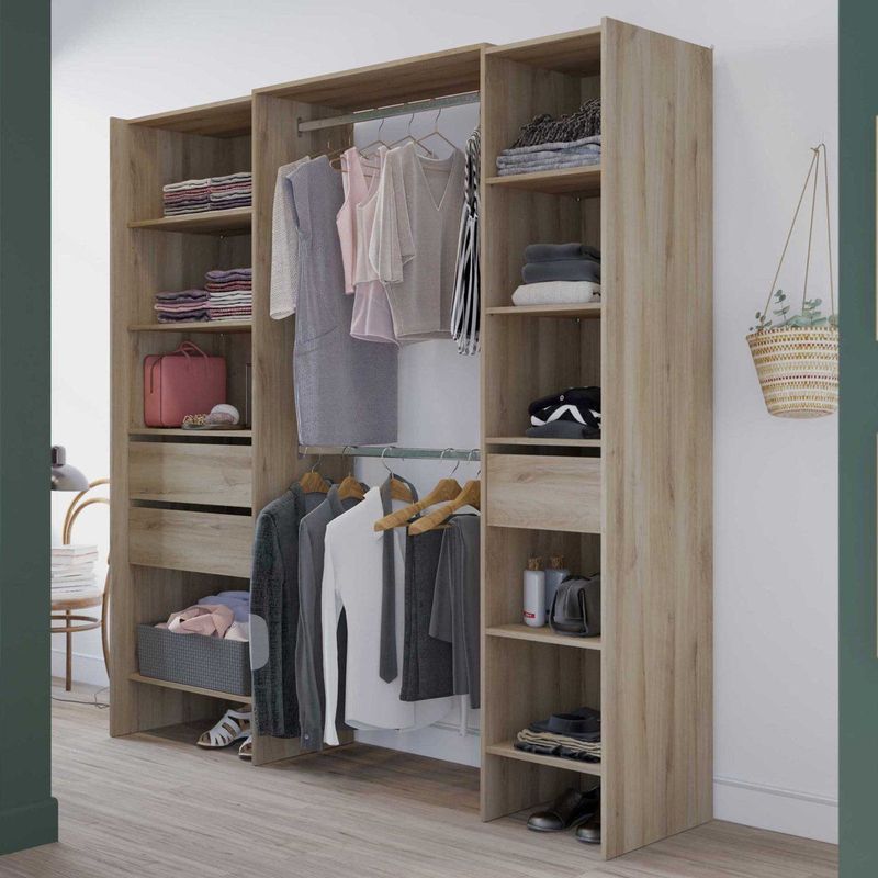 Kleerkast Mimi - Bruin - Spaanplaat - 7 Legplanken, 3 Lades, 2 Kledingroedes