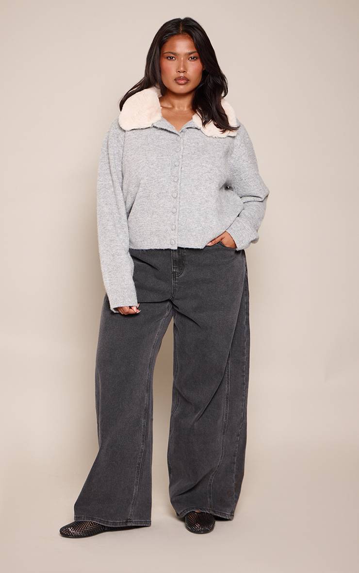 Gris Gilet Court Grande Taille À Col En Synthétique Avec Boutons
