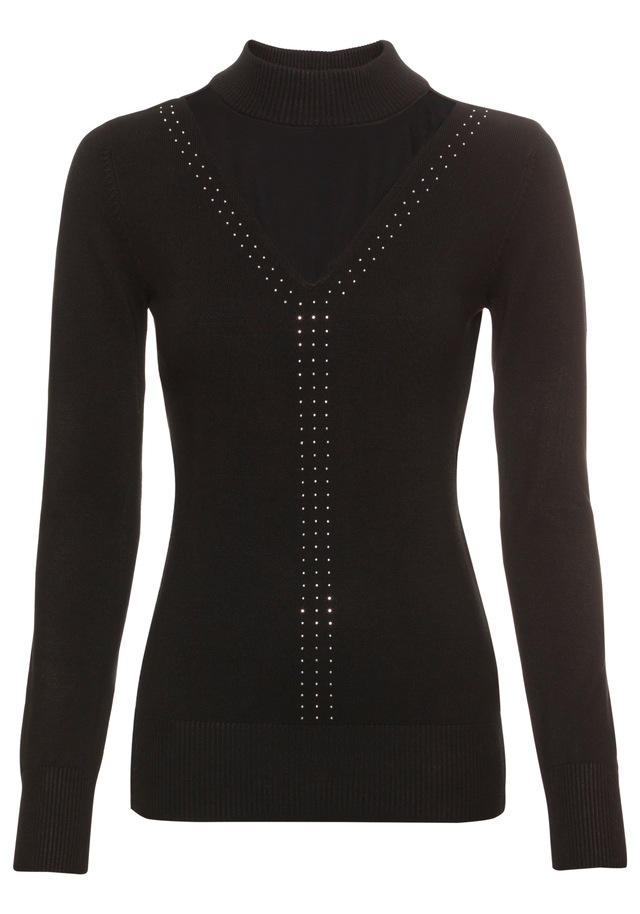 Laura Scott Stehkragenpullover , mit glitzernden Ziersteinen und Mesh-Applikation