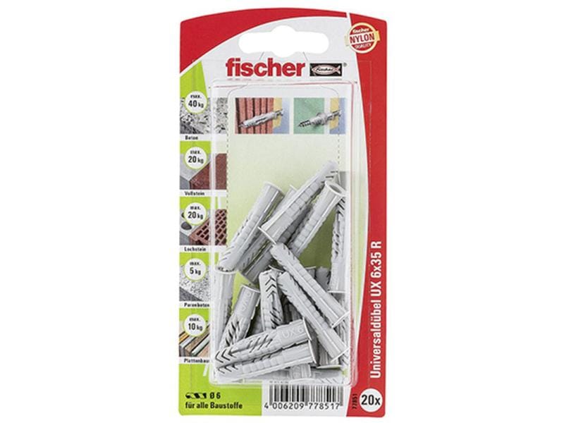 Fischer Universaldübel  UX 6 x 35 R mit Rand, 20 Stück Universelle Nylondübel
