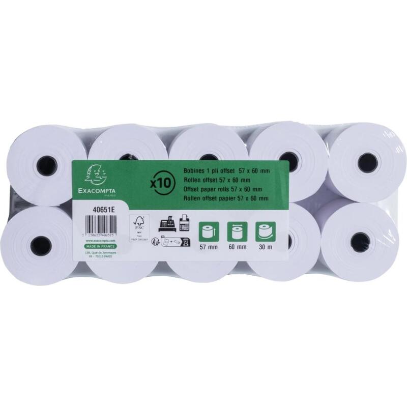 Bobines Caisses, Calculatrices Exacompta 40651E - l 57 mm x L 33 m, Ø 60 mm - 1 pli(s) - paquet de 10