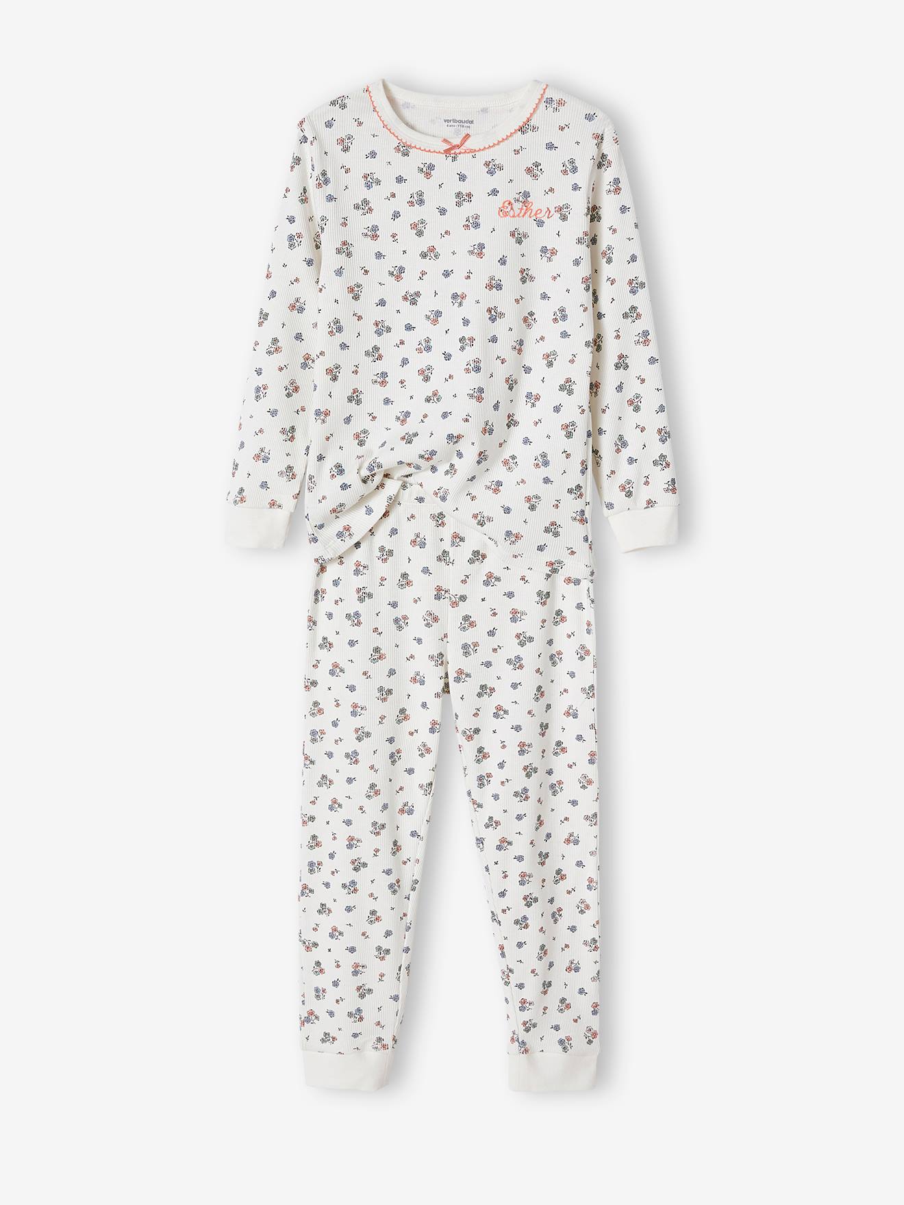 Pijama de malha canelada, personalizável, com estampa floral para meninas, cor cru.