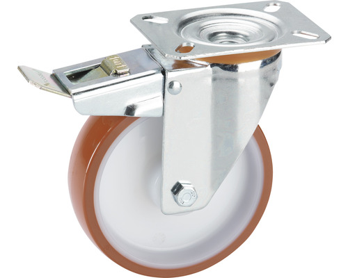 Zwenkwiel voor transportmiddelen, polyurethaan, vastzetbaar, Ø 125 mm, tot 200 kg, met plaat 100x85 mm