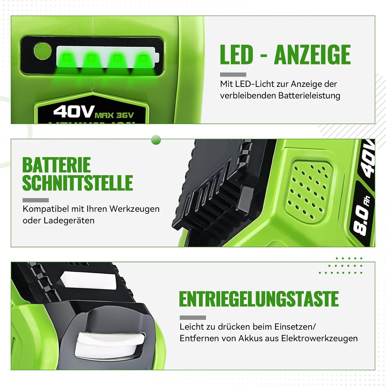 2 Stück 8,0Ah 29462 Li-Ionen Ersatz für Greenworks Akku 40V Kompatibel mit Greenworks 40V Akku 29462 29252 20202 22262 25312 25322 20642 22272 27062 21242 für Elektrowerkzeuge