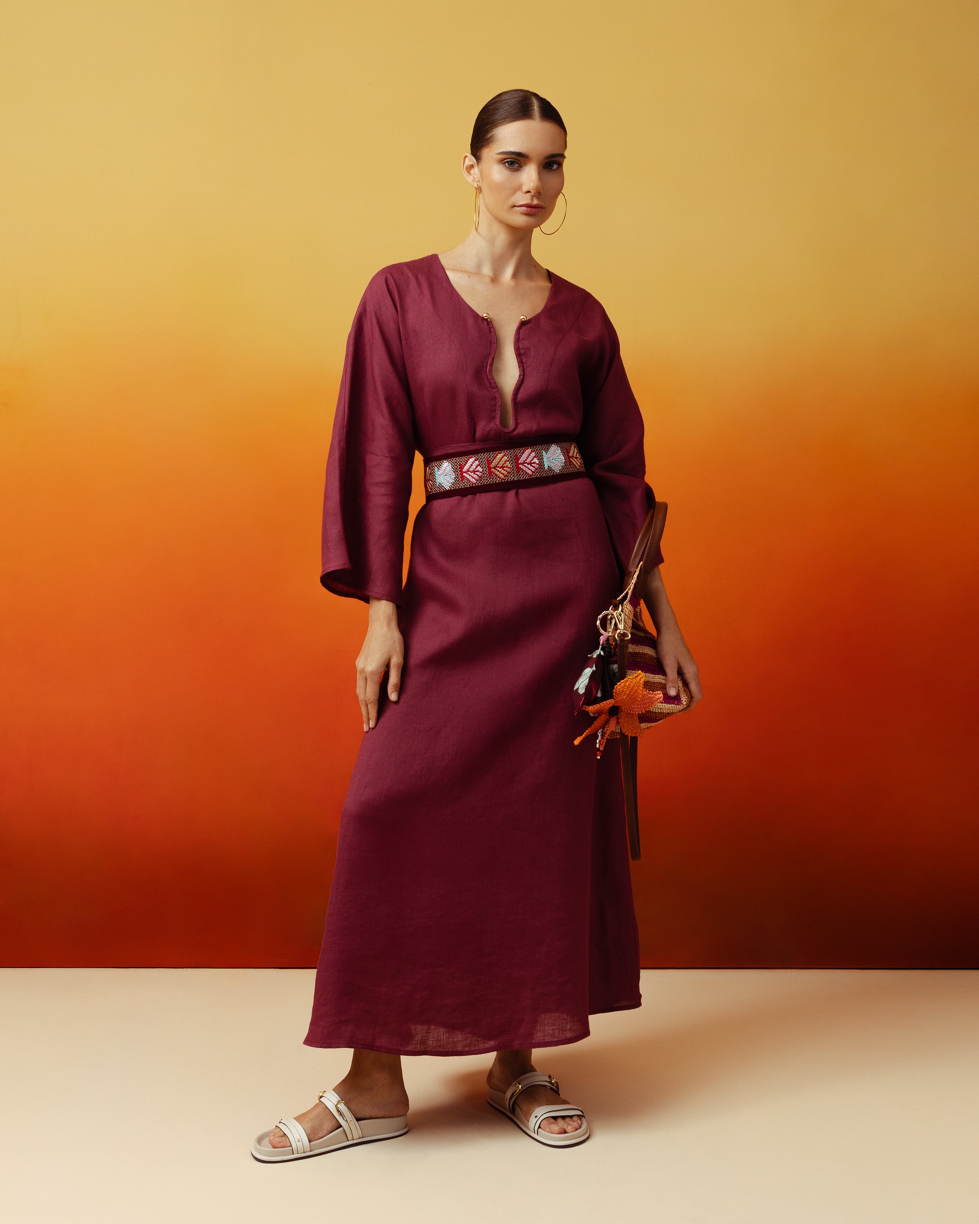 Maxi kaftan à broderies de palmiers