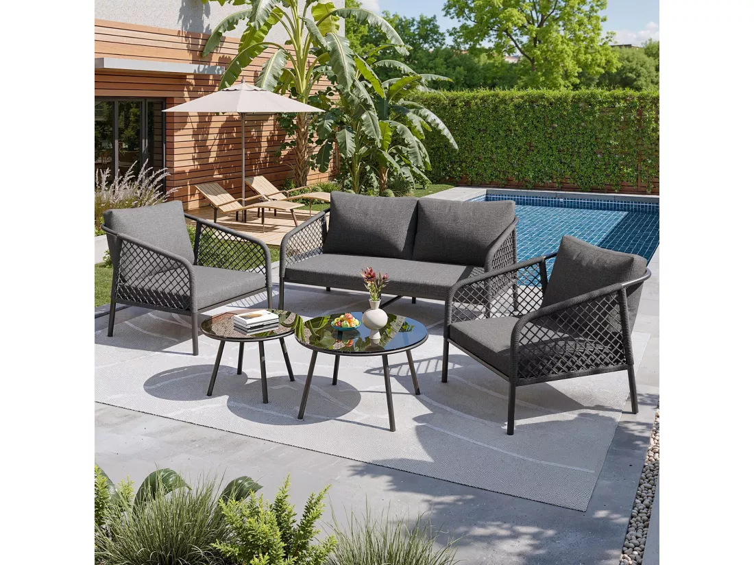 Salon de jardin ergonomique, un canapé 2 places + 2 fauteuils + tables gigognes en verre, avec coussins gris