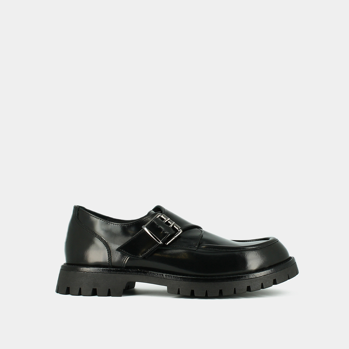 Derbies à talons plats, boucles et coutu...  en cuir glacé noir