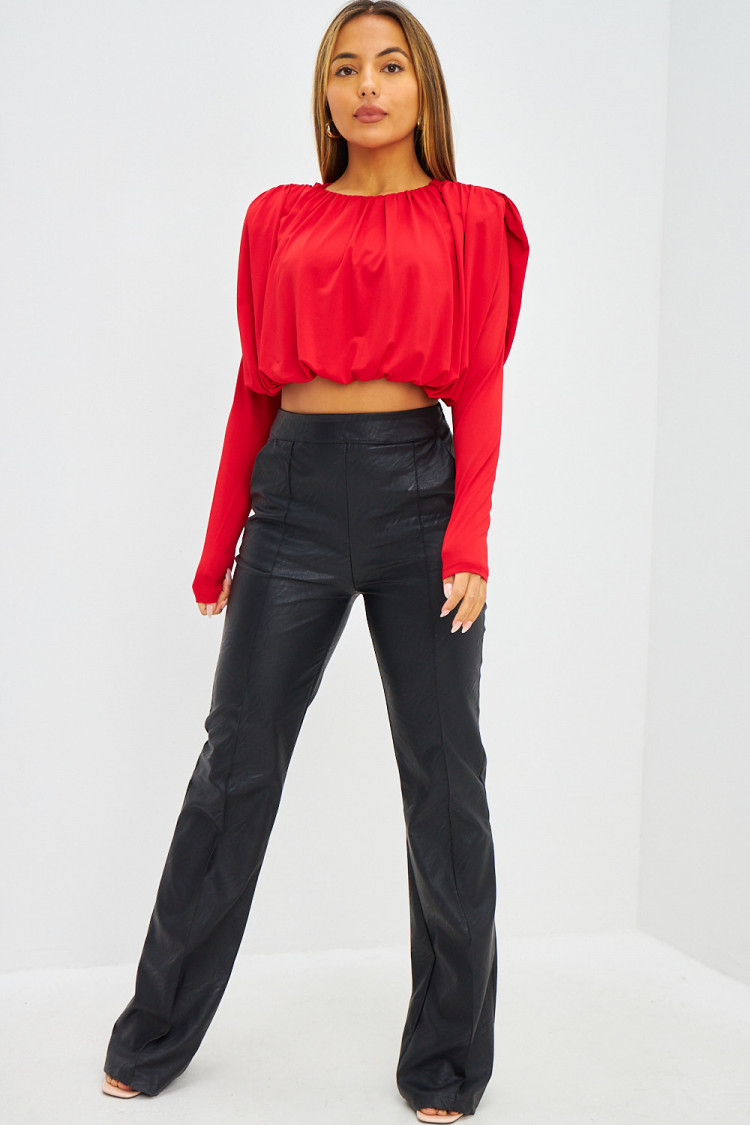 Crop top drapé à épaulettes rouge