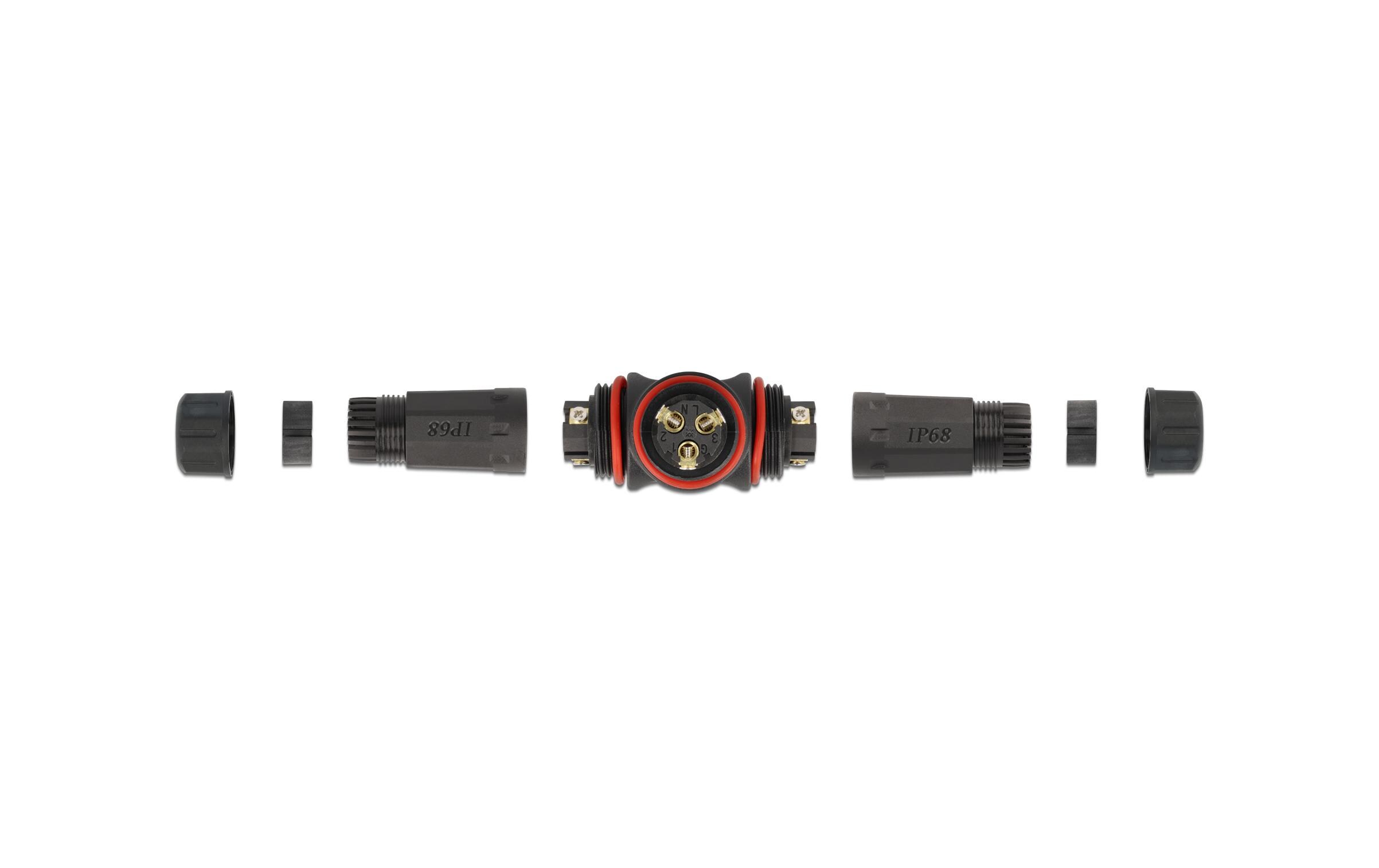 Verbindungsmuffe IP68, T-Stück, 3 Pin, 4.5 - 7.5 mm schwarzDelock Kabelverbinder T-Form für Aussenbereich 3 Pin, IP68 wasserdicht, schraubbar, Kabeldurchmesser 4.5 - 7.5 mm schwarz