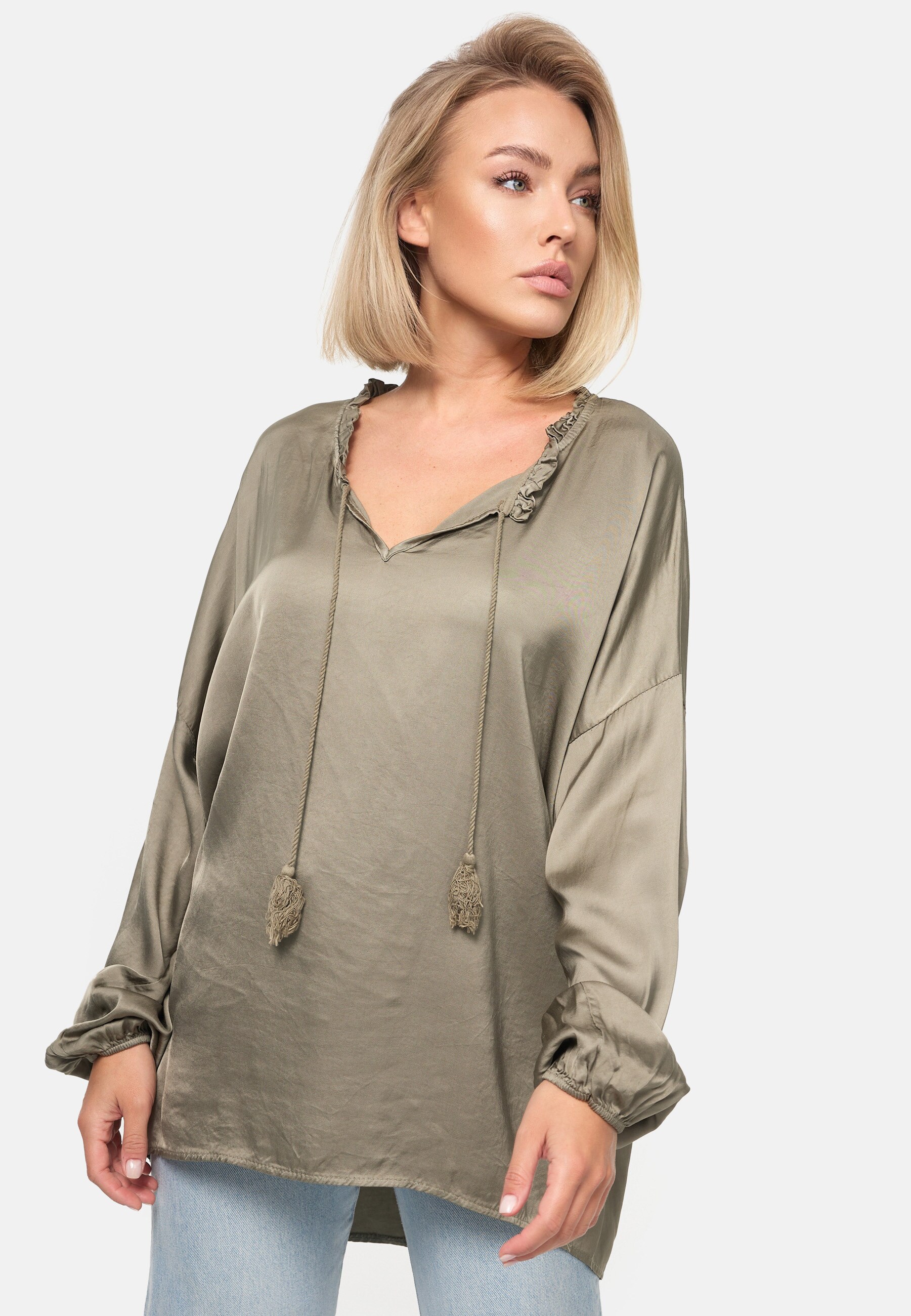 PM SELECTED Damen Schlupfbluse Romantische Business Satin Bluse mit Rüschenkragen in Einheitsgröße PM06