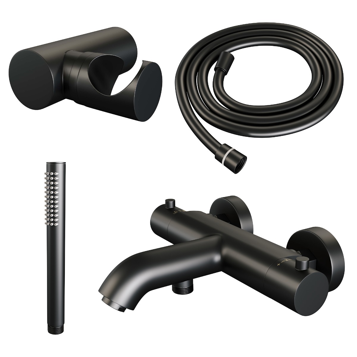 Brauer Black Edition thermostatische badkraan met wandhouder en staafhanddouche mat zwart