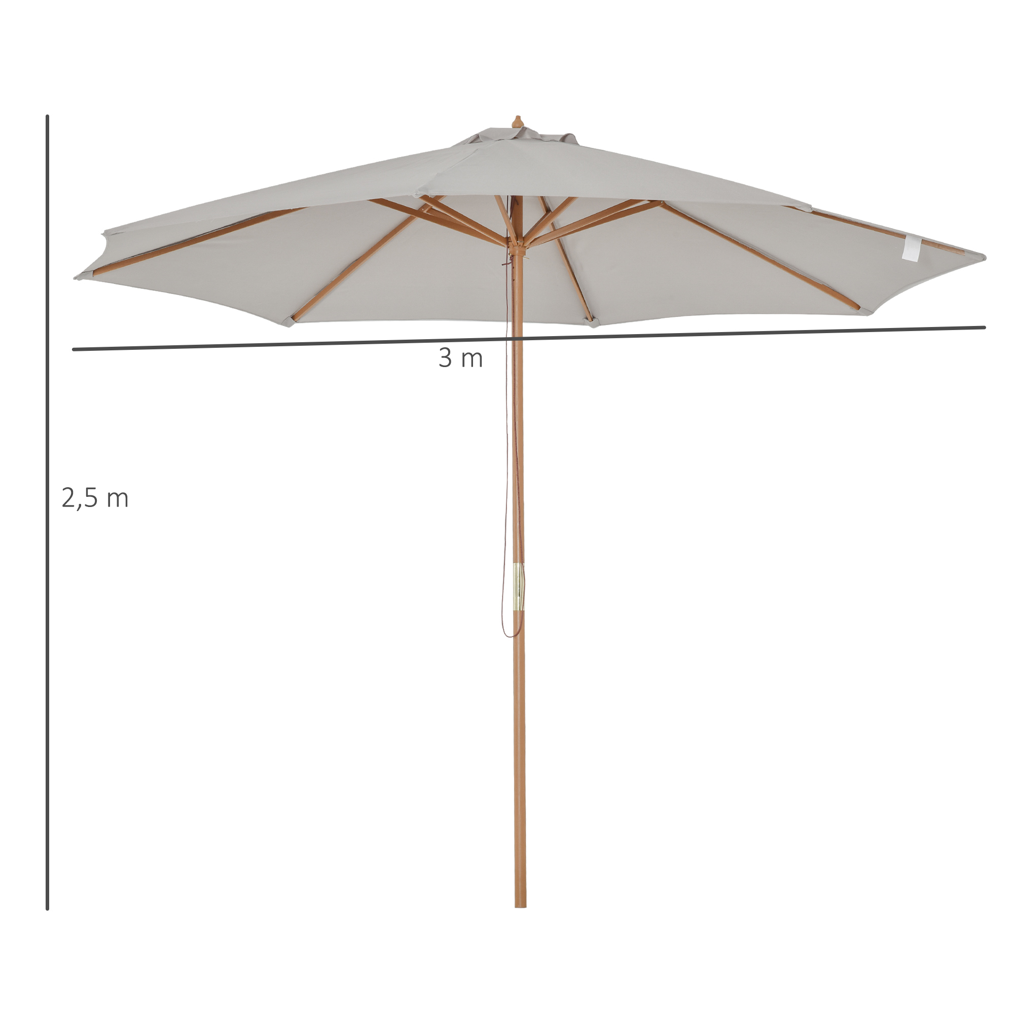 Guarda-sol de jardim Outsunny Ø300x250 cm com sistema de fixação por trava, cobertura ventilada e mastro de madeira removível para terraço, pátio e área externa, cor cinza.