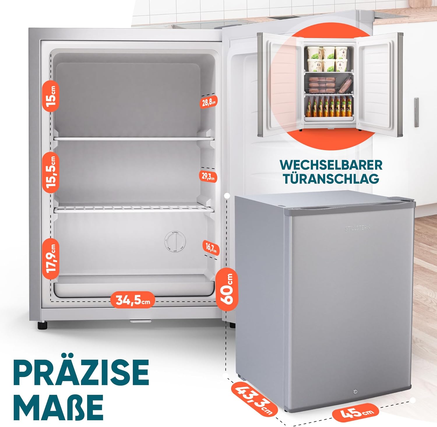 Stillstern Mini Gefrierschrank (42L) -18°C, Eiswürfelschale, Schloss, Türanschlag wechselbar, 4-Sterne Tiefkühlschrank für Camping/Büro Gefriertruhe Klein Gefrierschrank Klein Tiefkühltruhe Silber