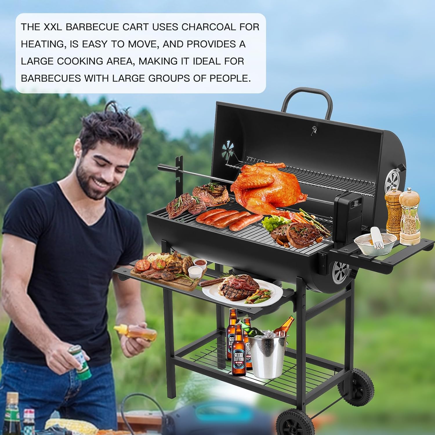 TEENO Grillwagen aus Holz, XXL-Kohlegrill mit Deckel, Thermometer, Ascheschublade, Verbrühungsschutz, verstellbare Belüftung, großer Holzkohlegrill (mit Chicken Grill)