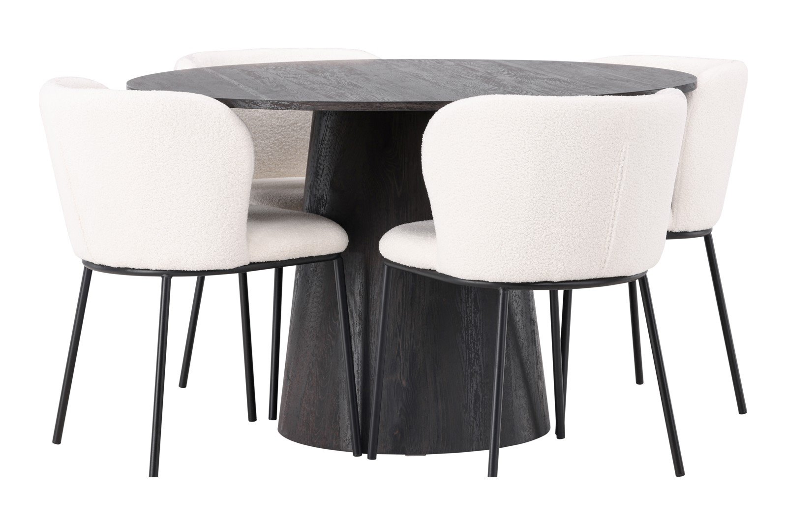 Lanzo og Edina Spisegruppe Lanzo rundt spisebord ø120cm i mocca med 4 stk. Edina spisestoler i White bouclé og sorte ben.