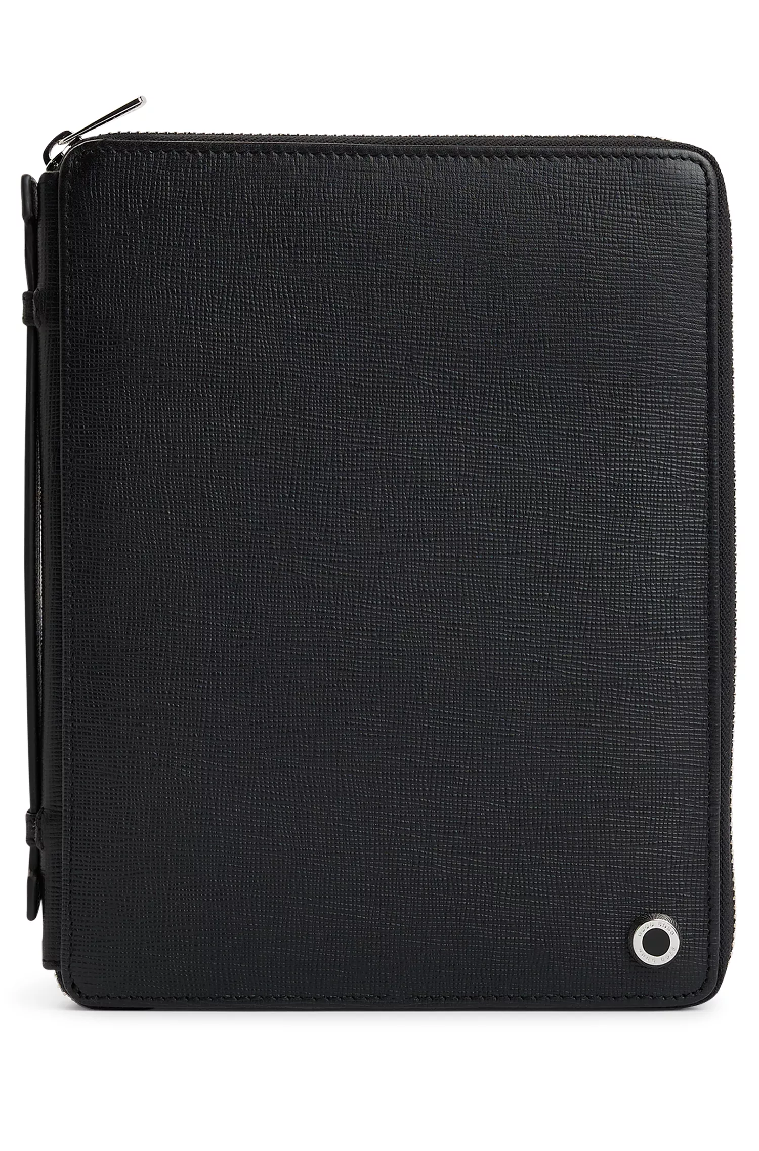Pasta executiva BOSS Black-A5 em couro texturizado preto.