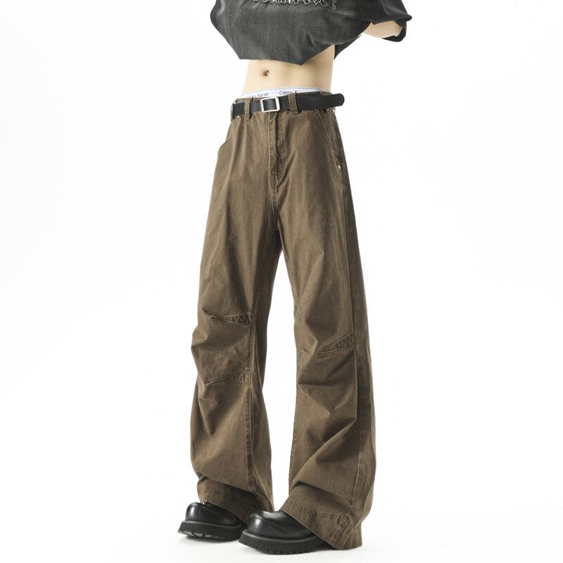 Derbundy - Mid Rise Washed Wide Leg Pants
