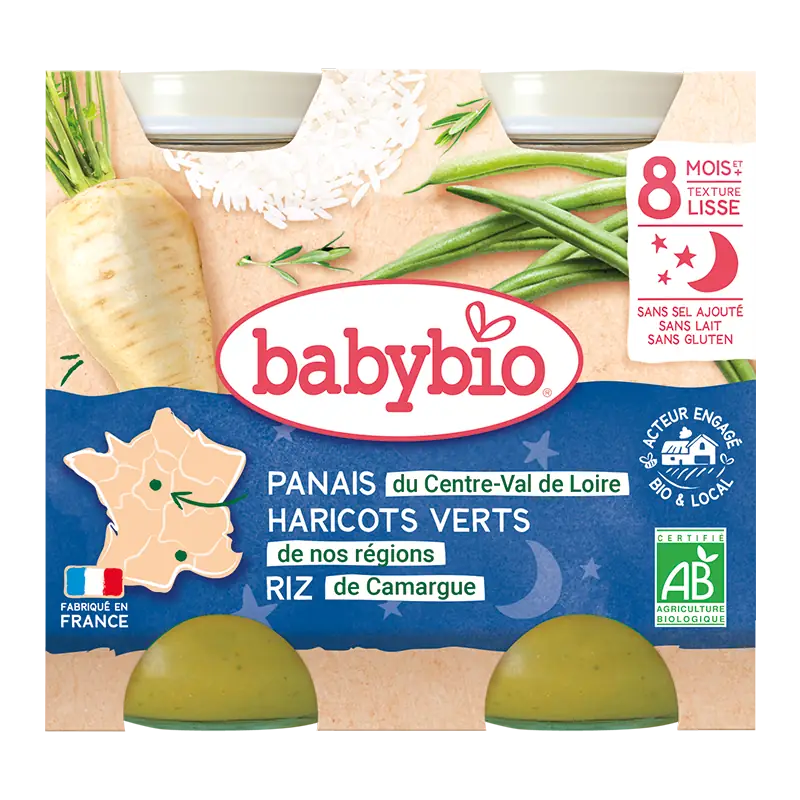 Repas bébé soir Panais du Centre-Val de Loire Haricots verts de nos régions Riz de Camargue - Petits pots 2x200g