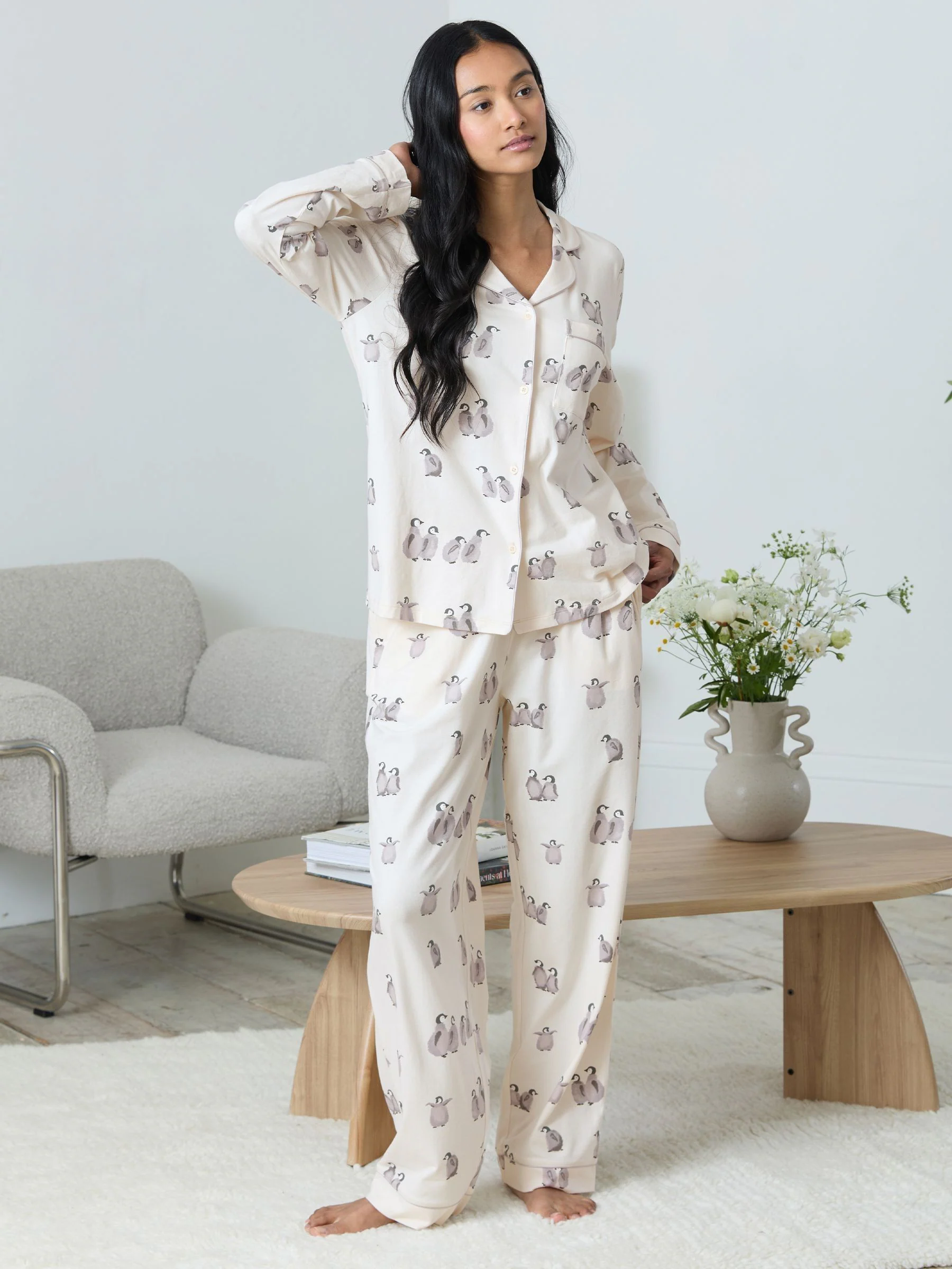 Chelsea Peers Cotton Penguin Print Long Pyjamas Set