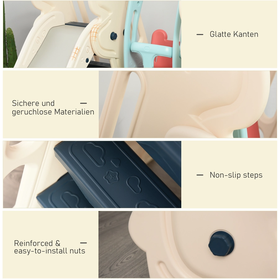 HOMCOM 3-in-1-Kinderrutsche mit Schaukel und Basketballkorb weiß, blau, grau