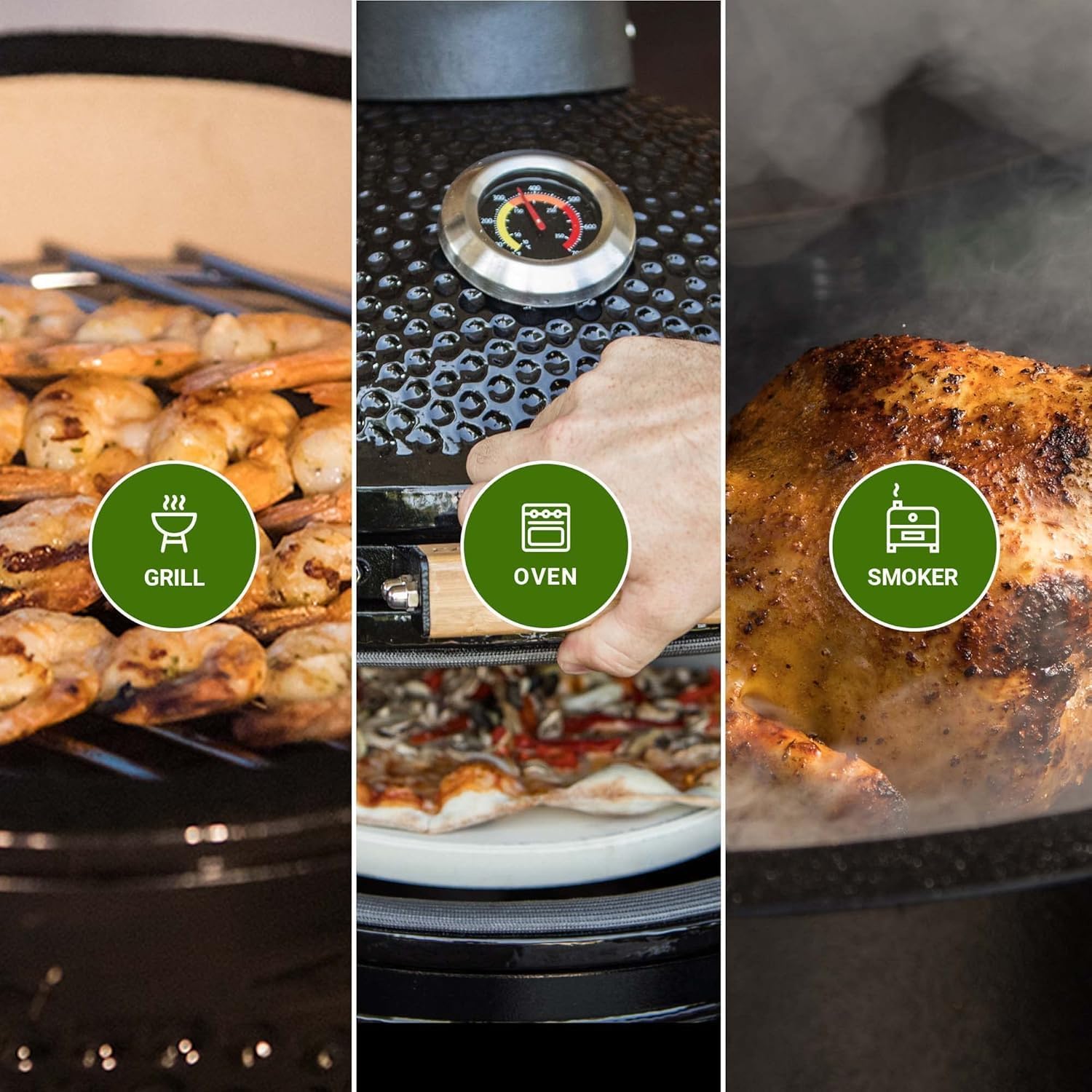Kamado BONO Green Egg BBQ-Grill, Ø 55cm Kamado BBQ-Holzkohlegrill mit Dual-Zone-Grillsystem, Keramik-BBQ-Smoker zum Kochen, Räuchern und Backen