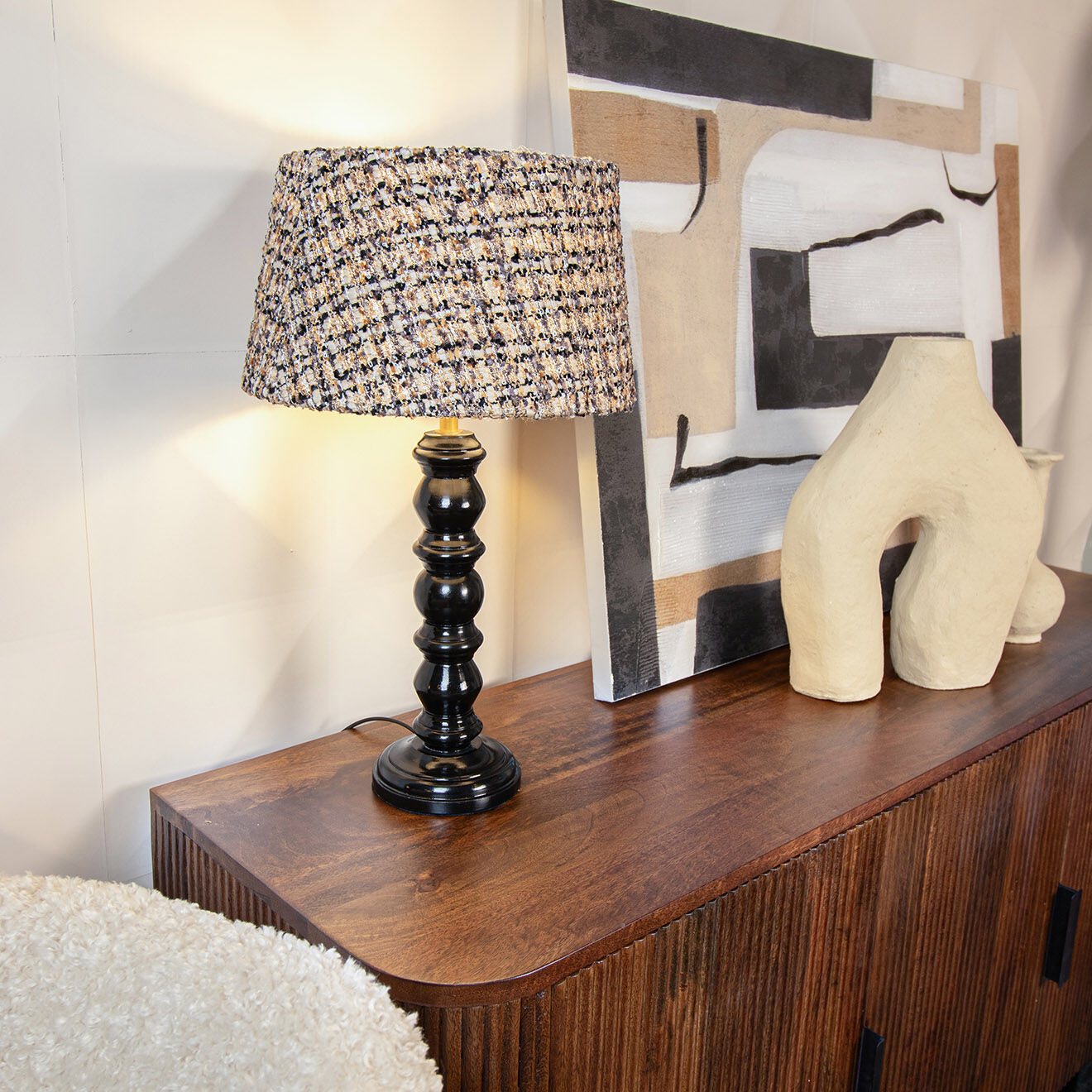 Now's home Lampe à poser abat-jour en Tweed Romy beige/noir - 12.5x13x51 cm